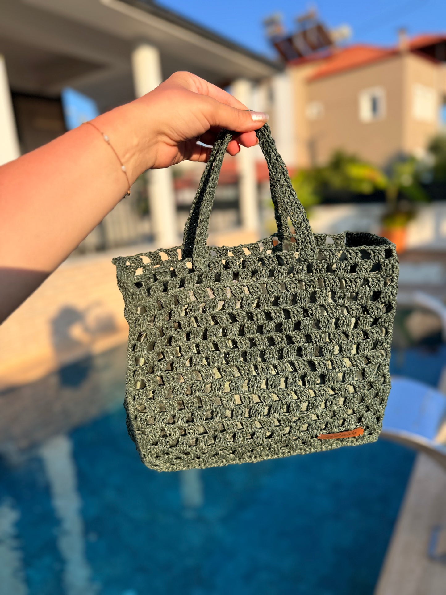Haki El Örmesi Hasır Crochet Çanta