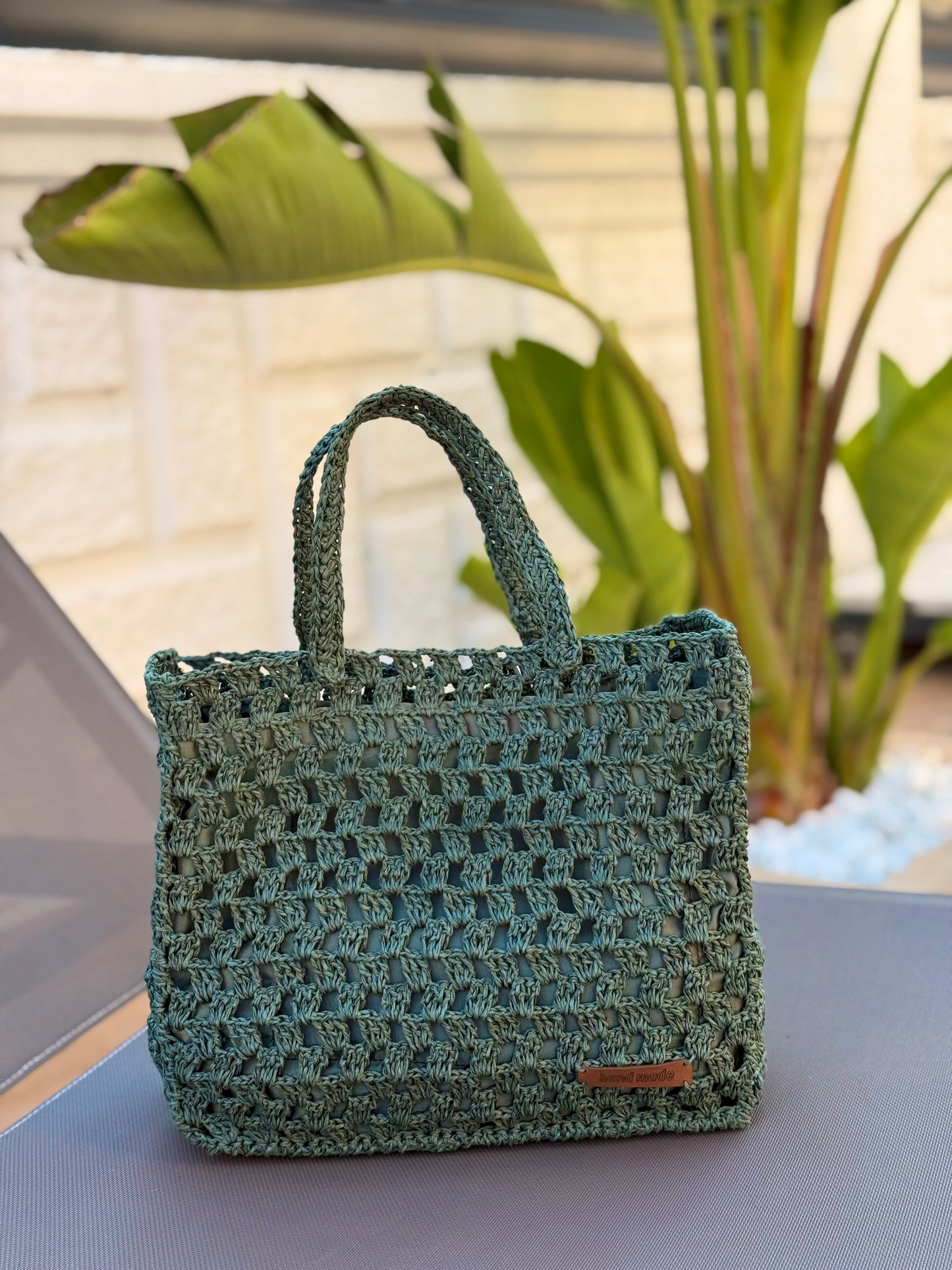 Haki El Örmesi Hasır Crochet Çanta